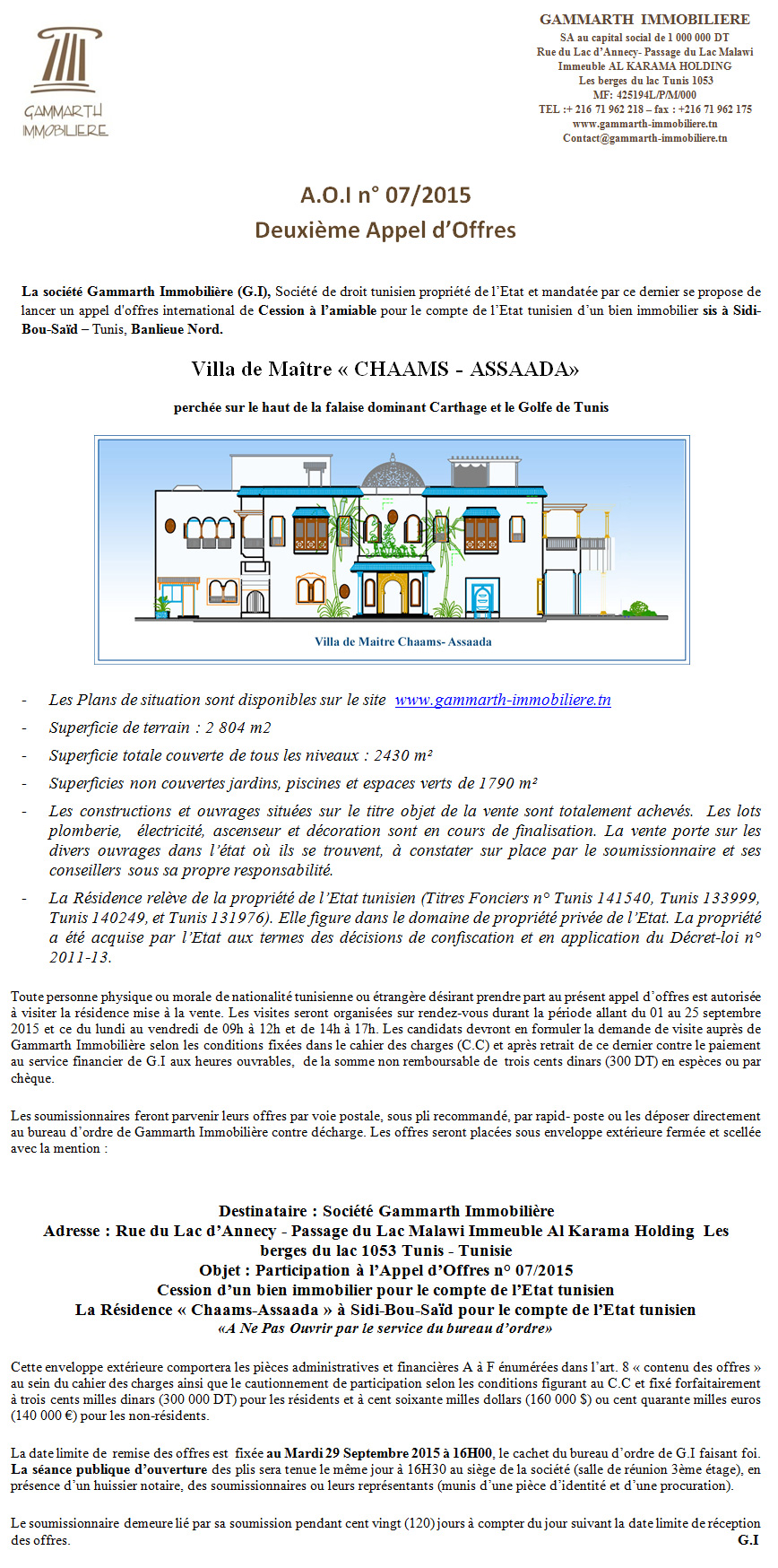 Avis de Vente Appel d'Offres n° 06/2015