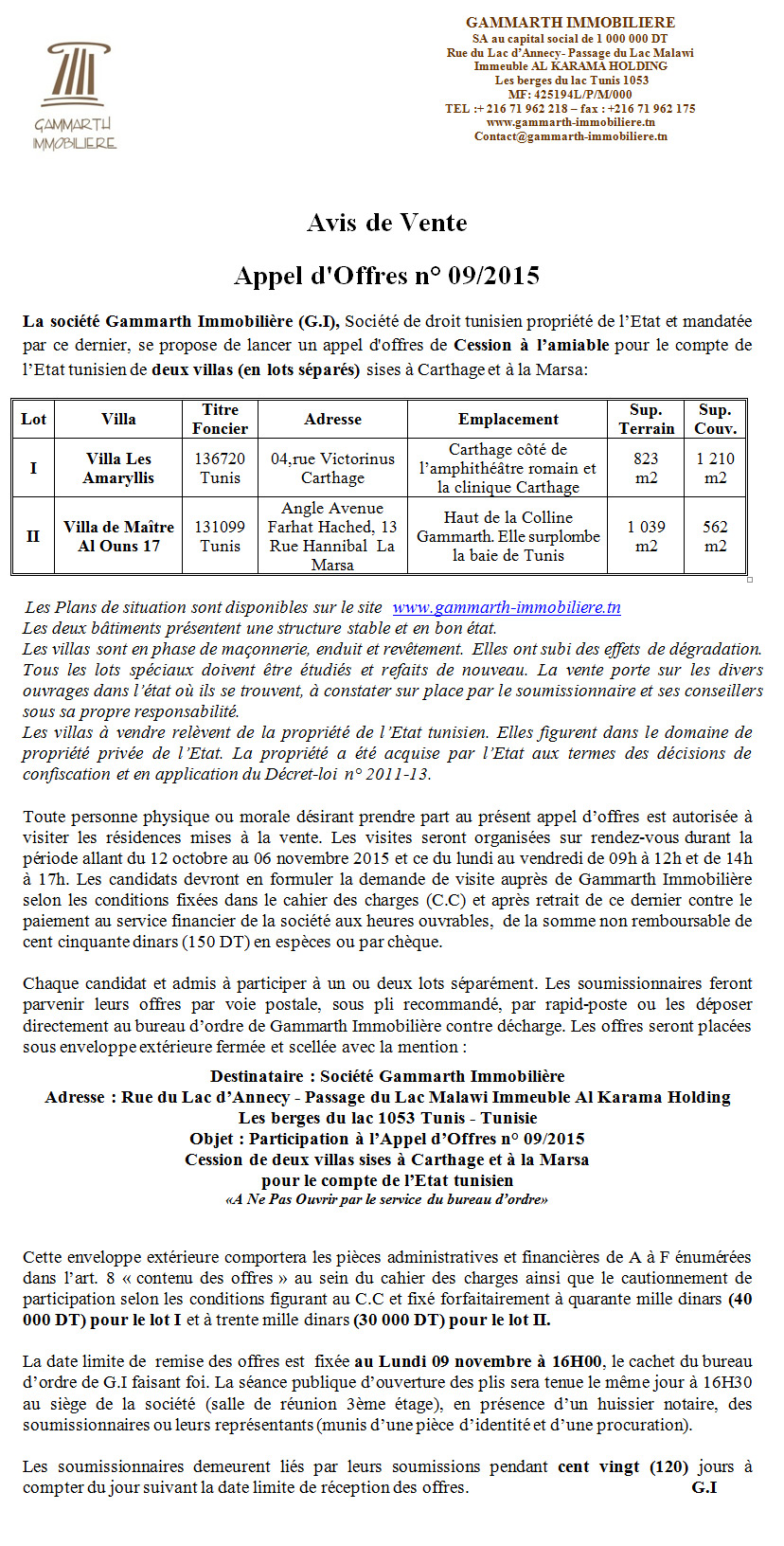 Avis de Vente Appel d'Offres n° 06/2015