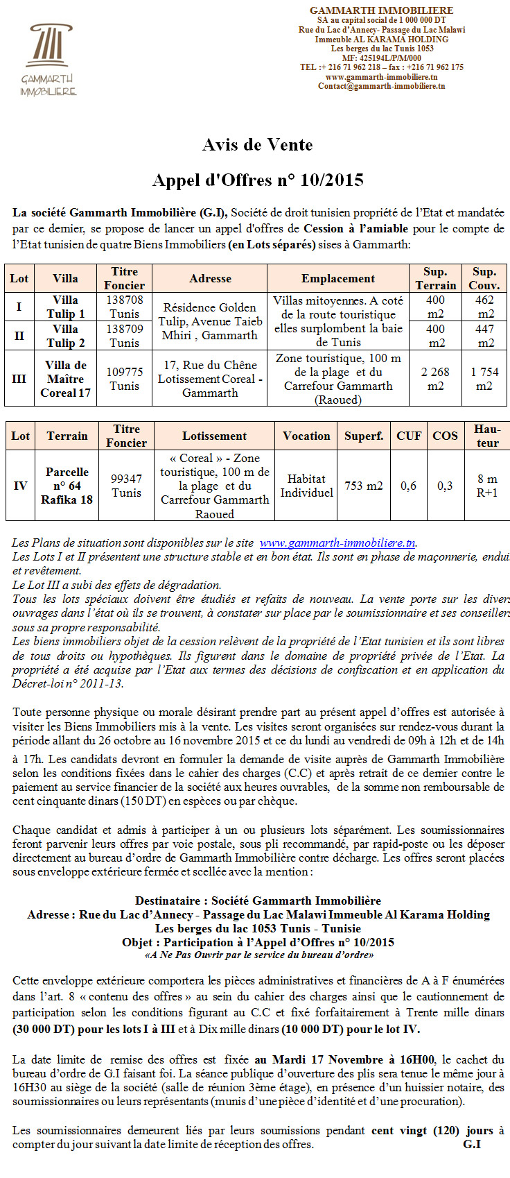 Avis de Vente Appel d'Offres n° 06/2015