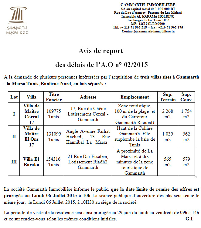 Avis d'appel d'Offres International n° 01/2015: Villa de Maître « CHAAMS - ASSAADA»